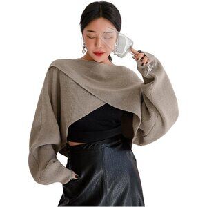 COZYEASE Women's Criss Cross Boat Neck Mocha Brown Long Sleeve Crop Sweater